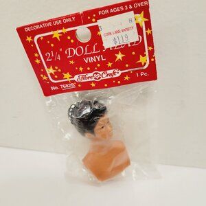 Vtg NOS Doll Head Fibre Craft Vinyl Bust Shoulders 2 1/4" #7682B Black Long Hair